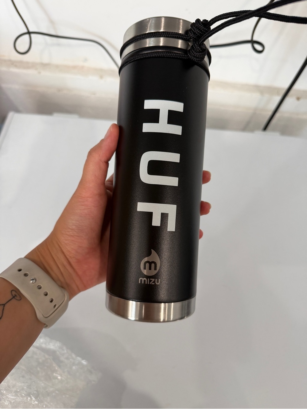 HUF Black Stainless Steel Water Bottle with White Logo